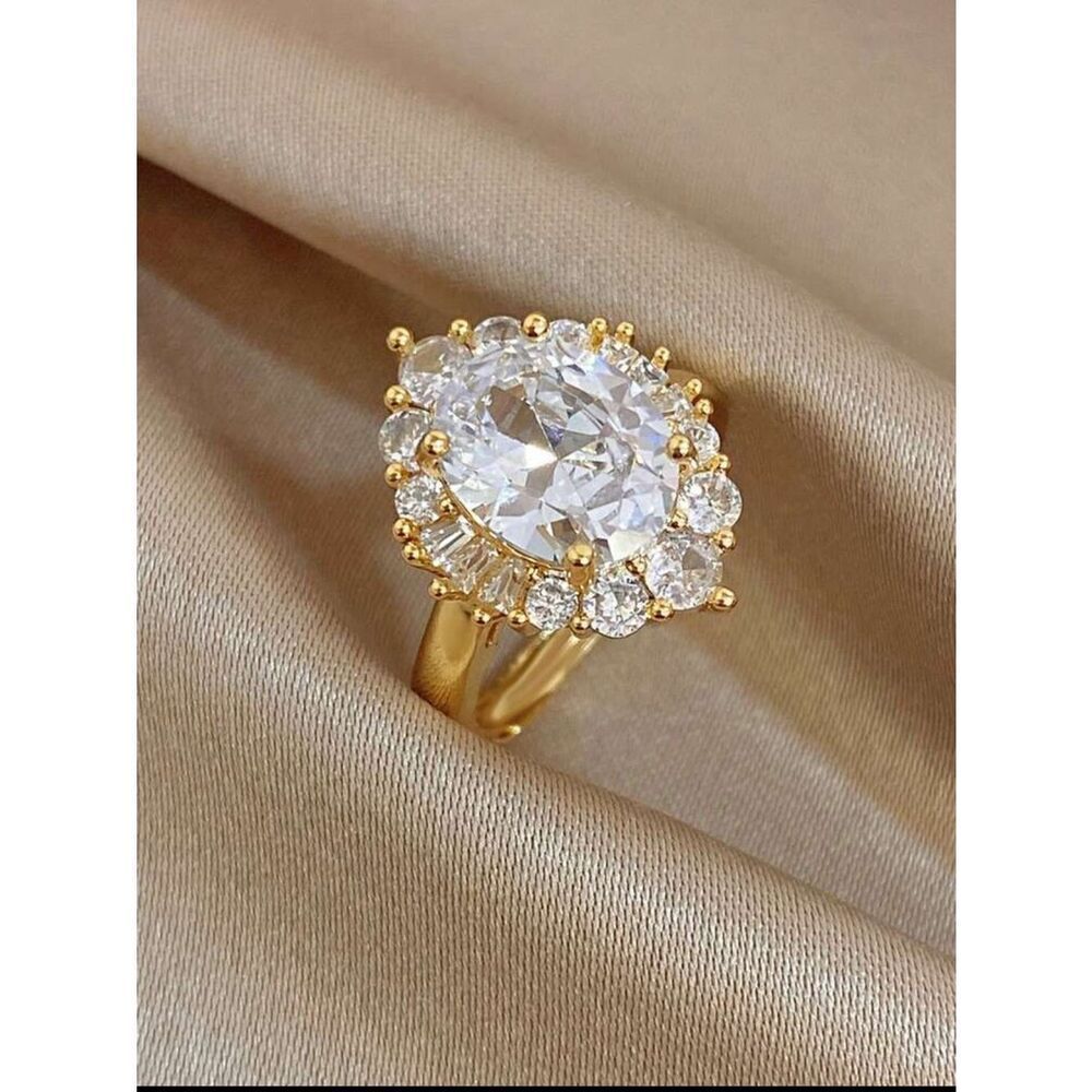 Gold plated Oval Halo CZ Ring - Elegant Women's Jewelry R 626